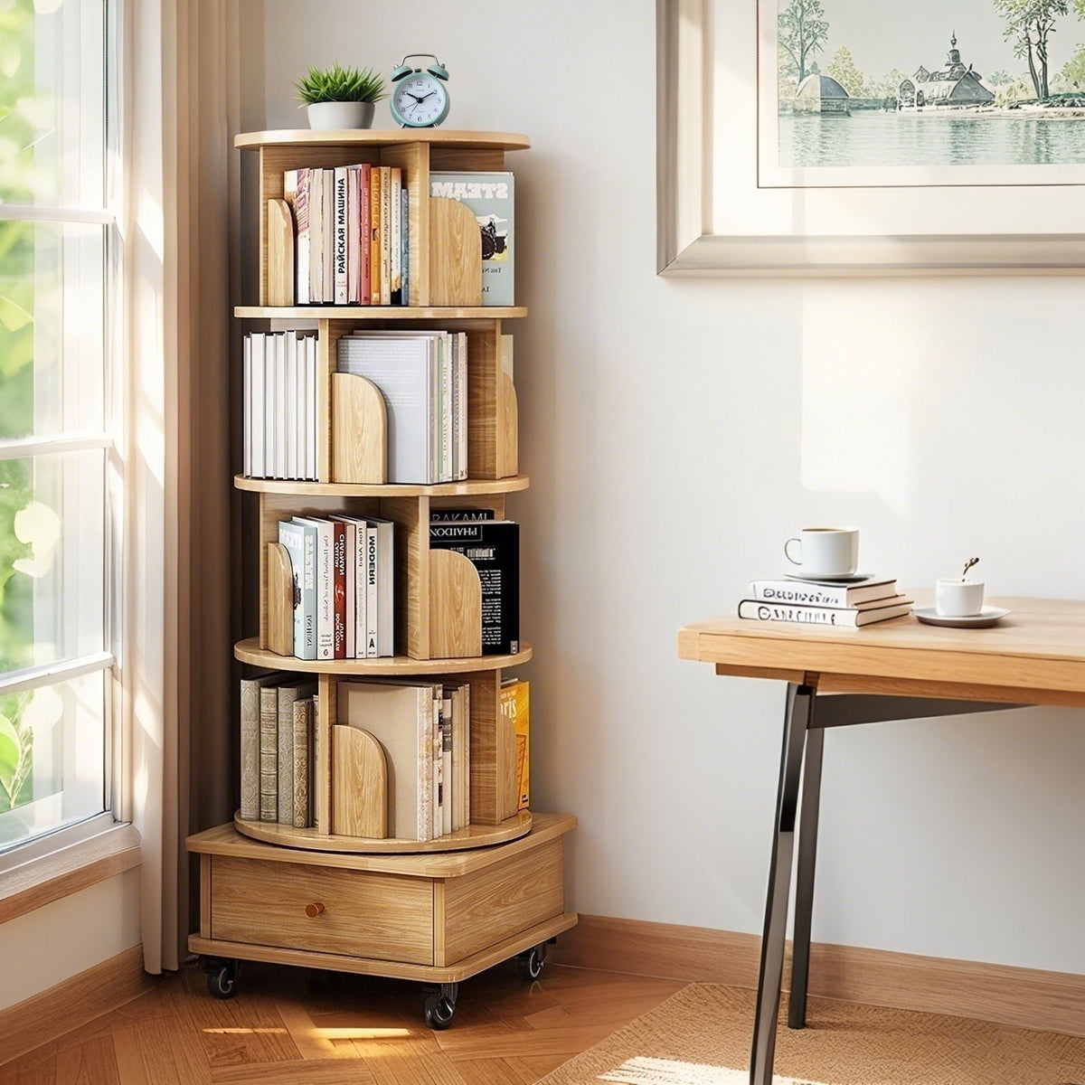 Rotating Bookshelf With Wheels And Drawer, 360° Spinning Design, Space Saving Storage
