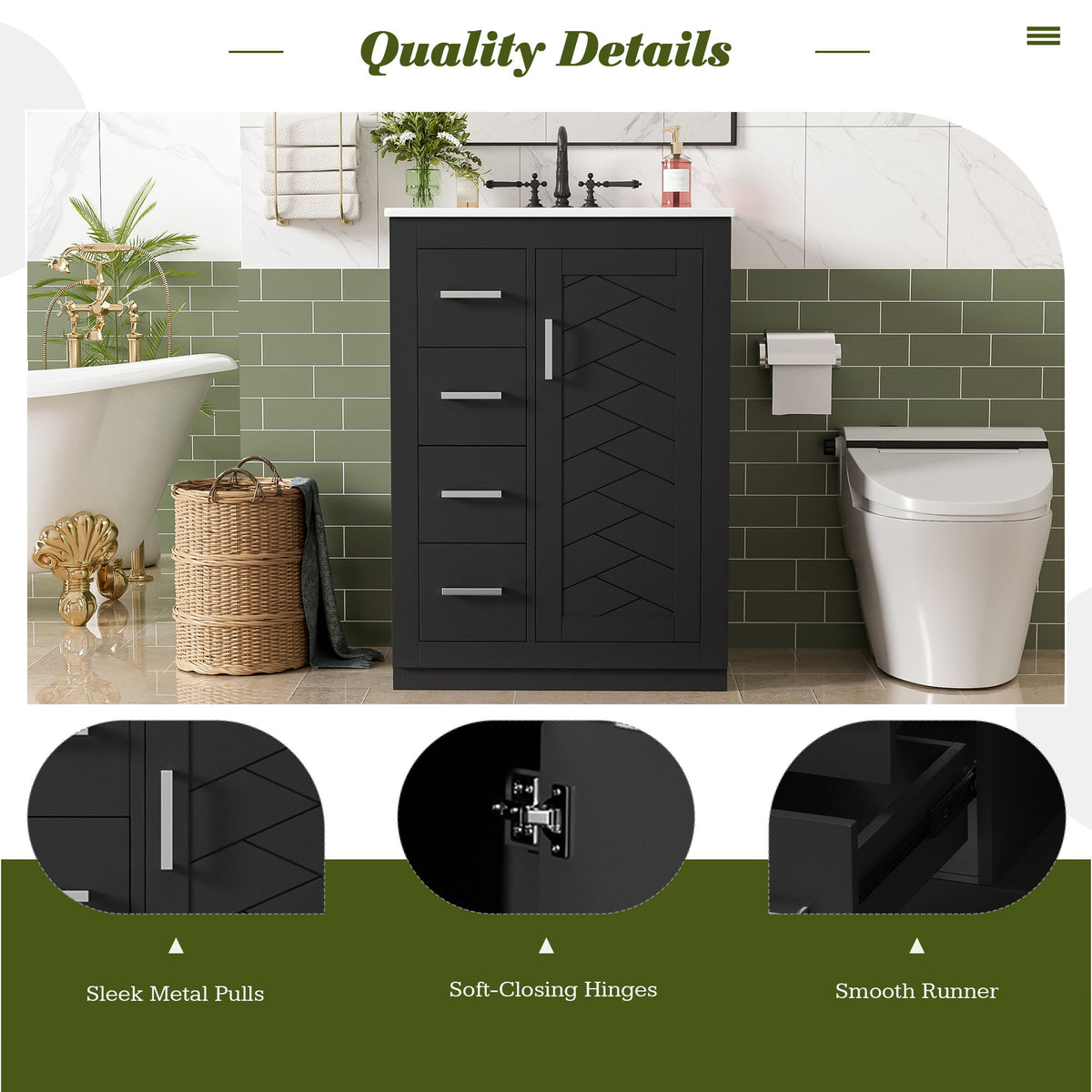 Bathroom Vanity With Integrated Sink, Rectangular Cabinet With 1 Door And 3 Drawers
