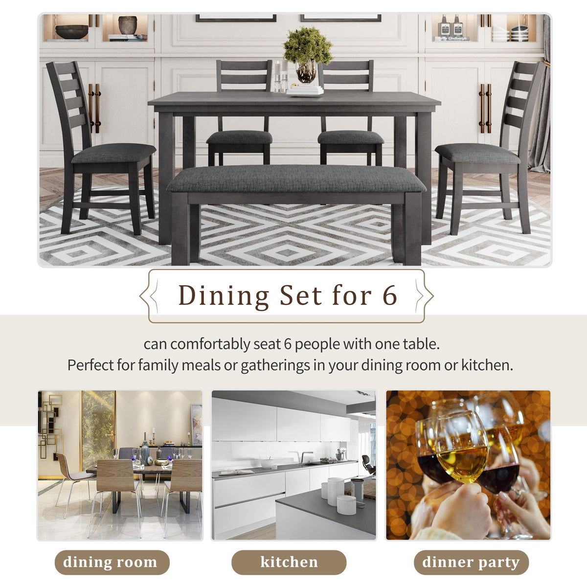 Dining Set For 6, Upholstered Chairs, Includes Table, 4 Chairs, And 2 Person Bench - Gray