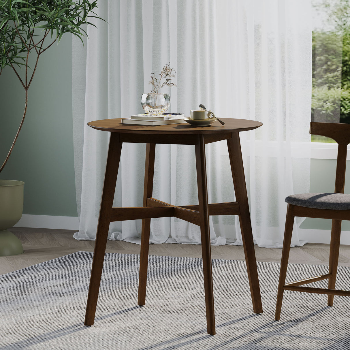 Round Counter Height Dining Table With Thick Rubberwood Legs And Support Beams - Walnut