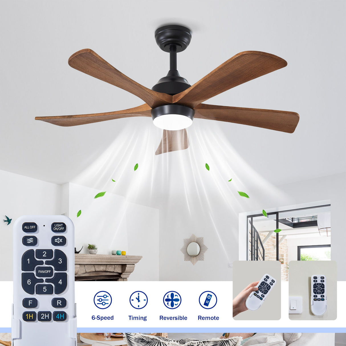 5 Blades Ceiling Fan With Lights Remote Control - Matte Black