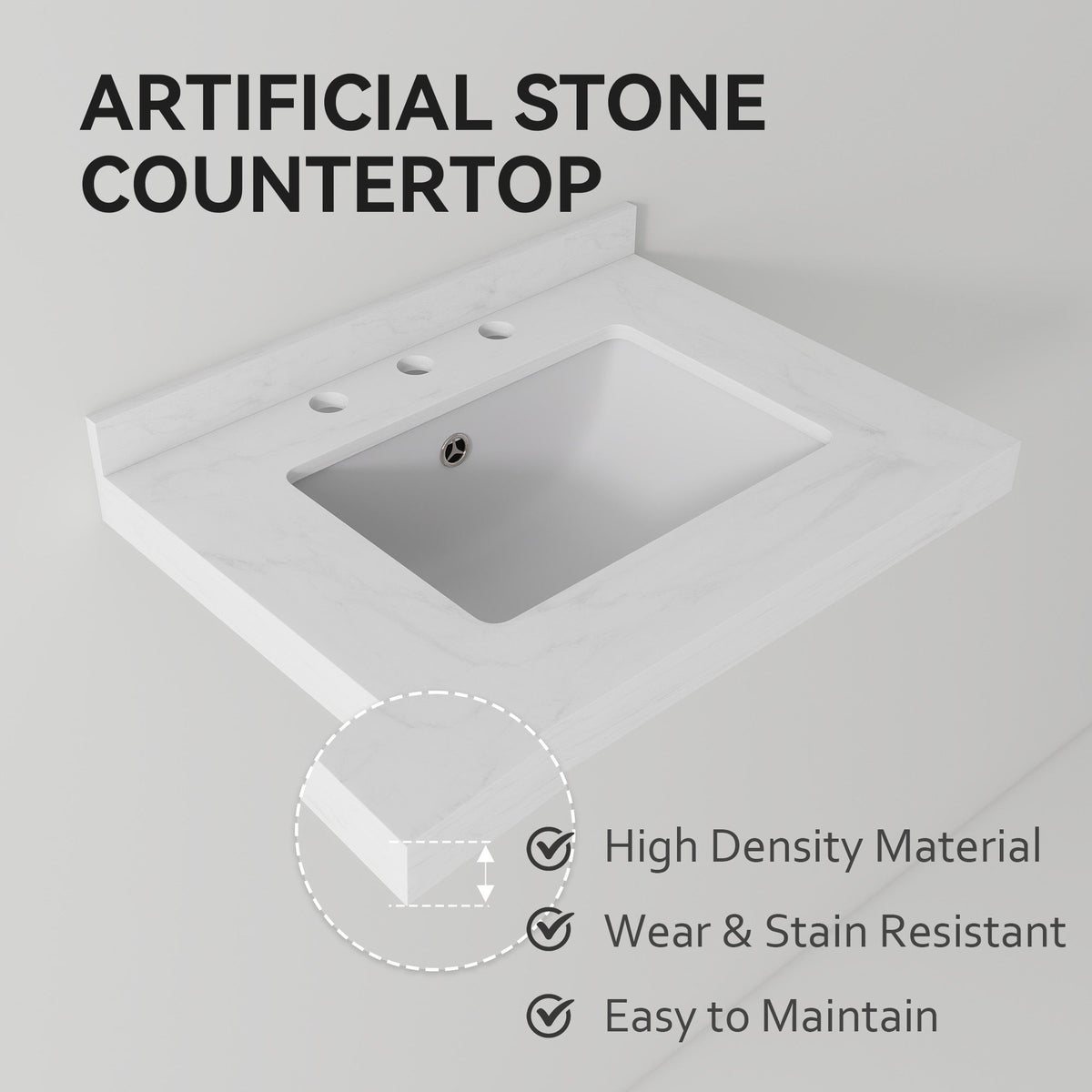 Basin Sink, Triple Faucet Holes, 2" Thick Rim, Sink Only