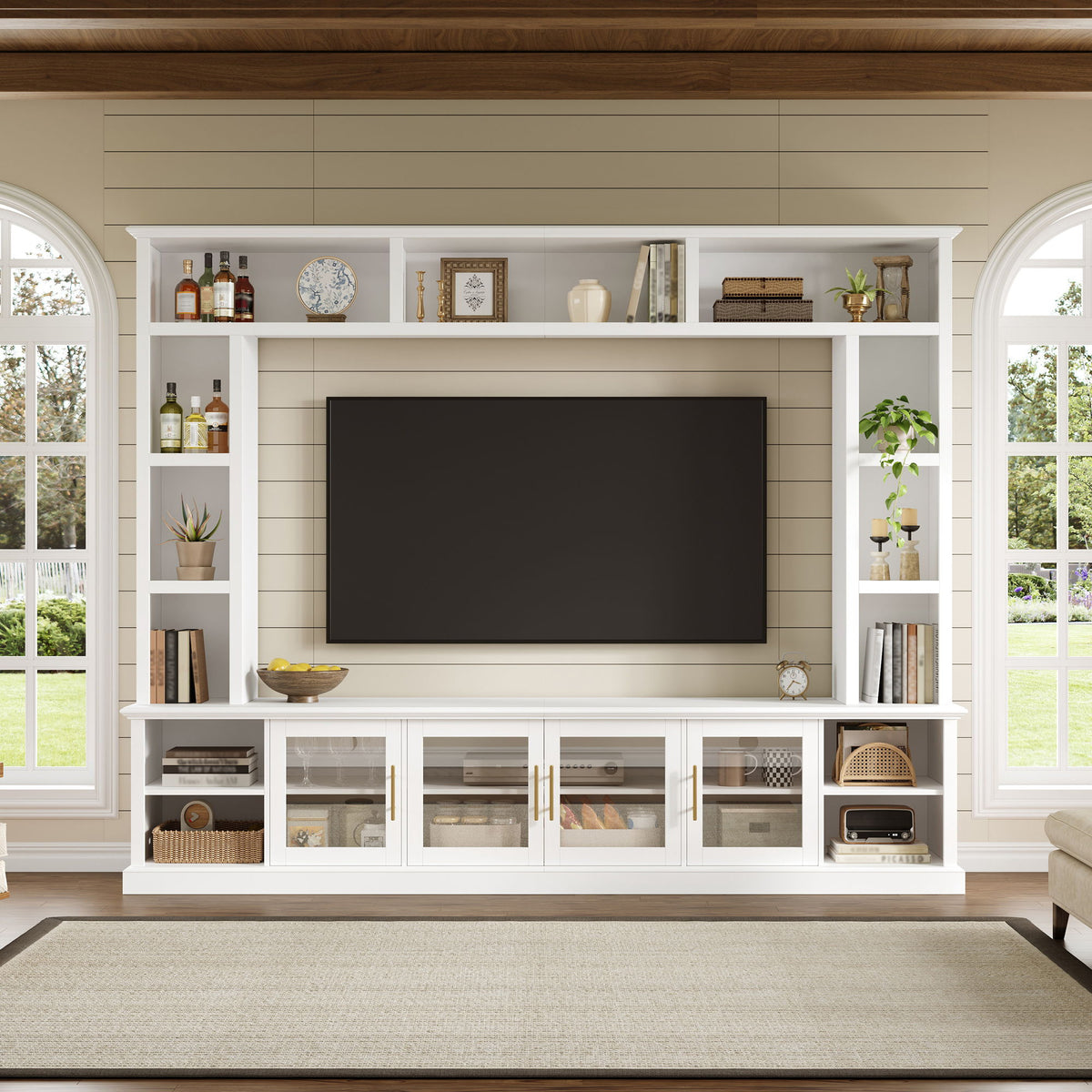 All-In-One Entertainment Center With Bookshelves & Tempered Glass Doors, TV Console Unit For Living Room