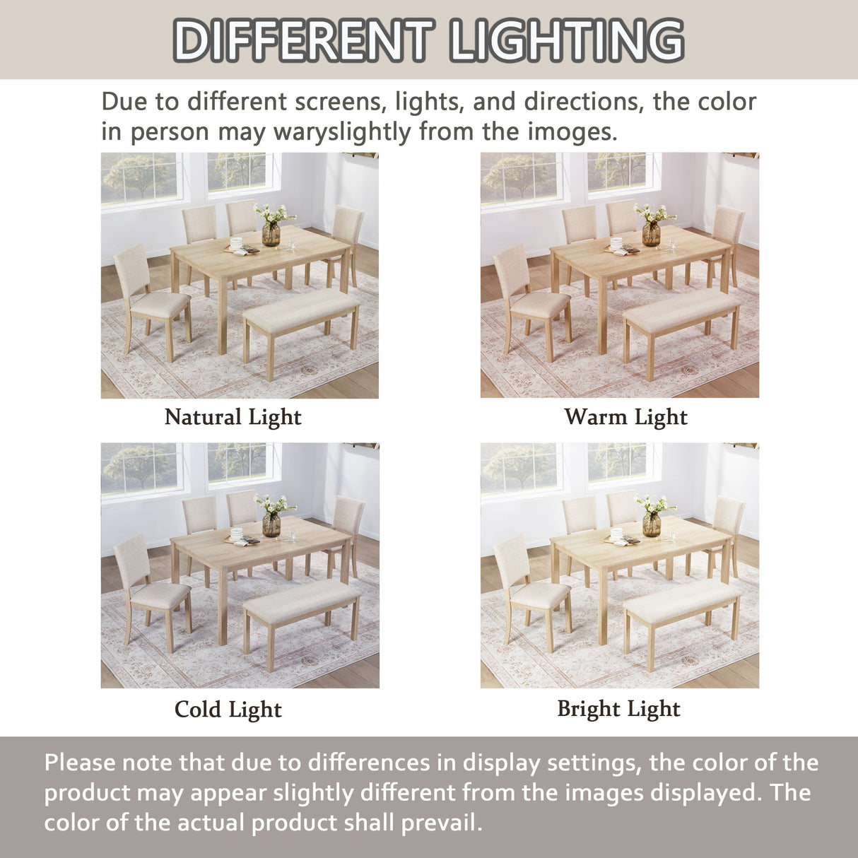 6 Piece Dining Table Set With Bench - Beige / Light Oak