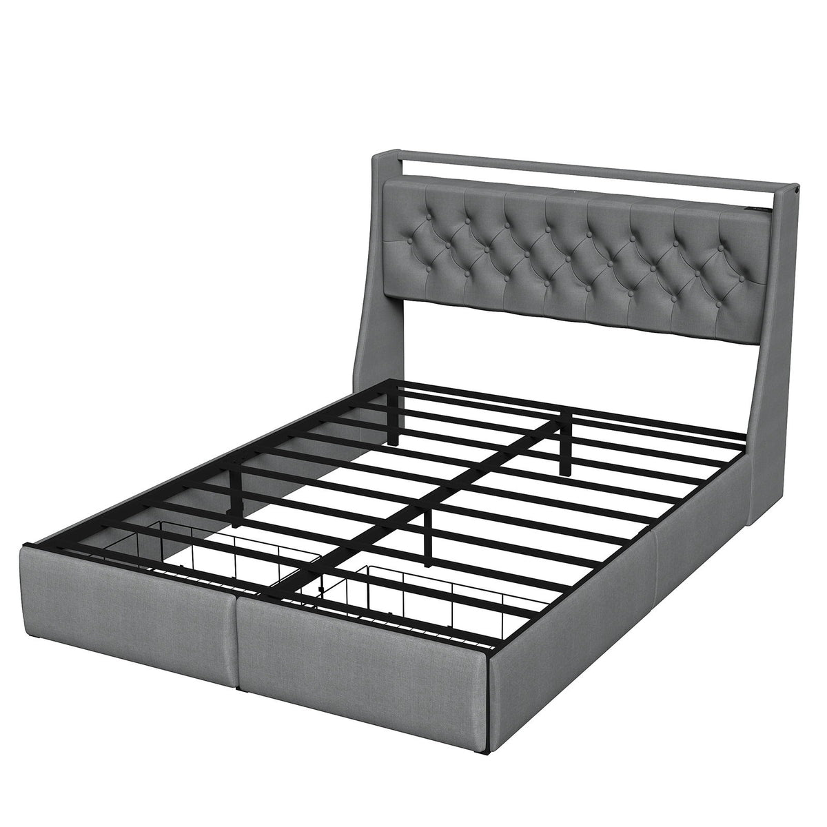 Floating Bed Frame With Rgb LED Light, 2 Storage Drawers & Headboard Shelf