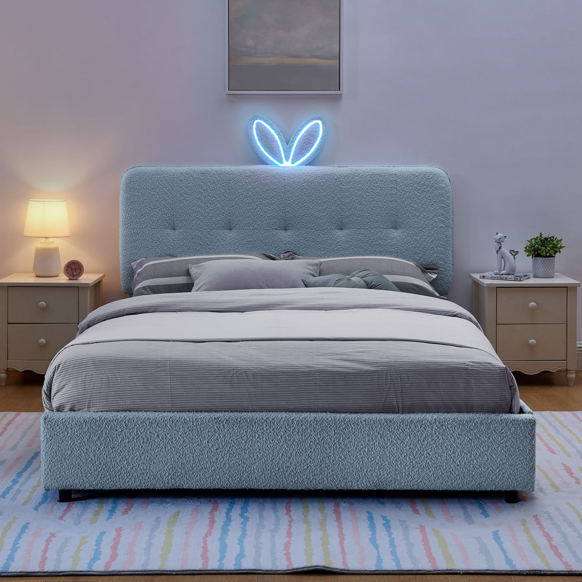 Upholstered Bed With Oversized Rabbit Ear Headboard, LED Lights & 4 Storage Drawers