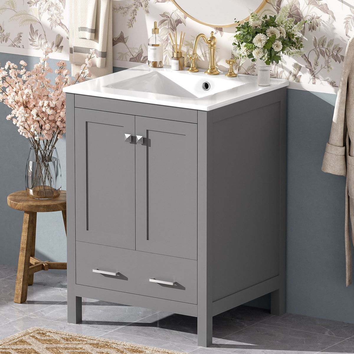 Bathroom Vanity With Integrated Undermount Ceramic Sink, 2 Doors And 1 Drawer, Soft Close Hinges