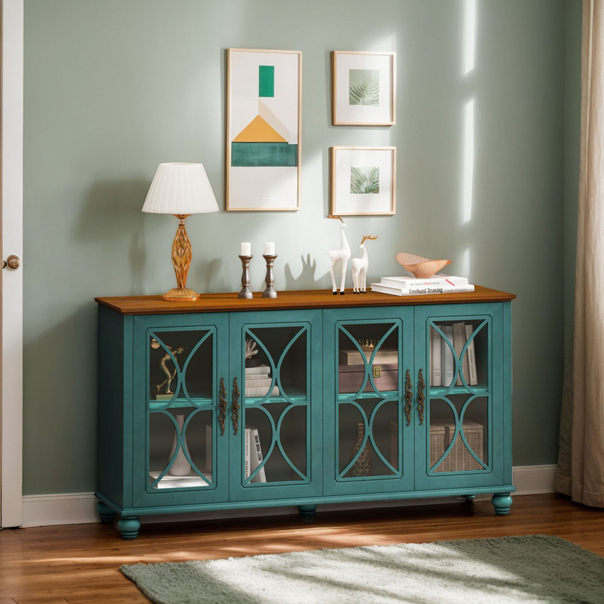 4 Door Sideboard Cabinet with Tempered Glass Doors and Wood 59x32in
