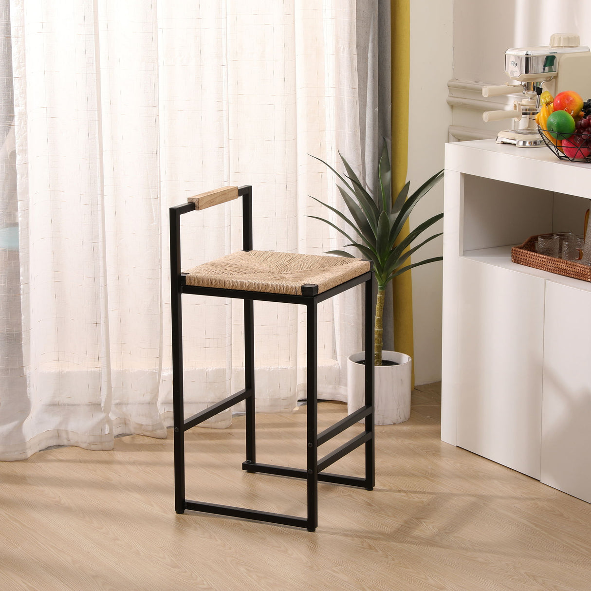 Stylish (Set of 2) Bar Stools With Backrest And Paper Rope Woven Seat, Counter Height Dining Chairs For Kitchen - Natural