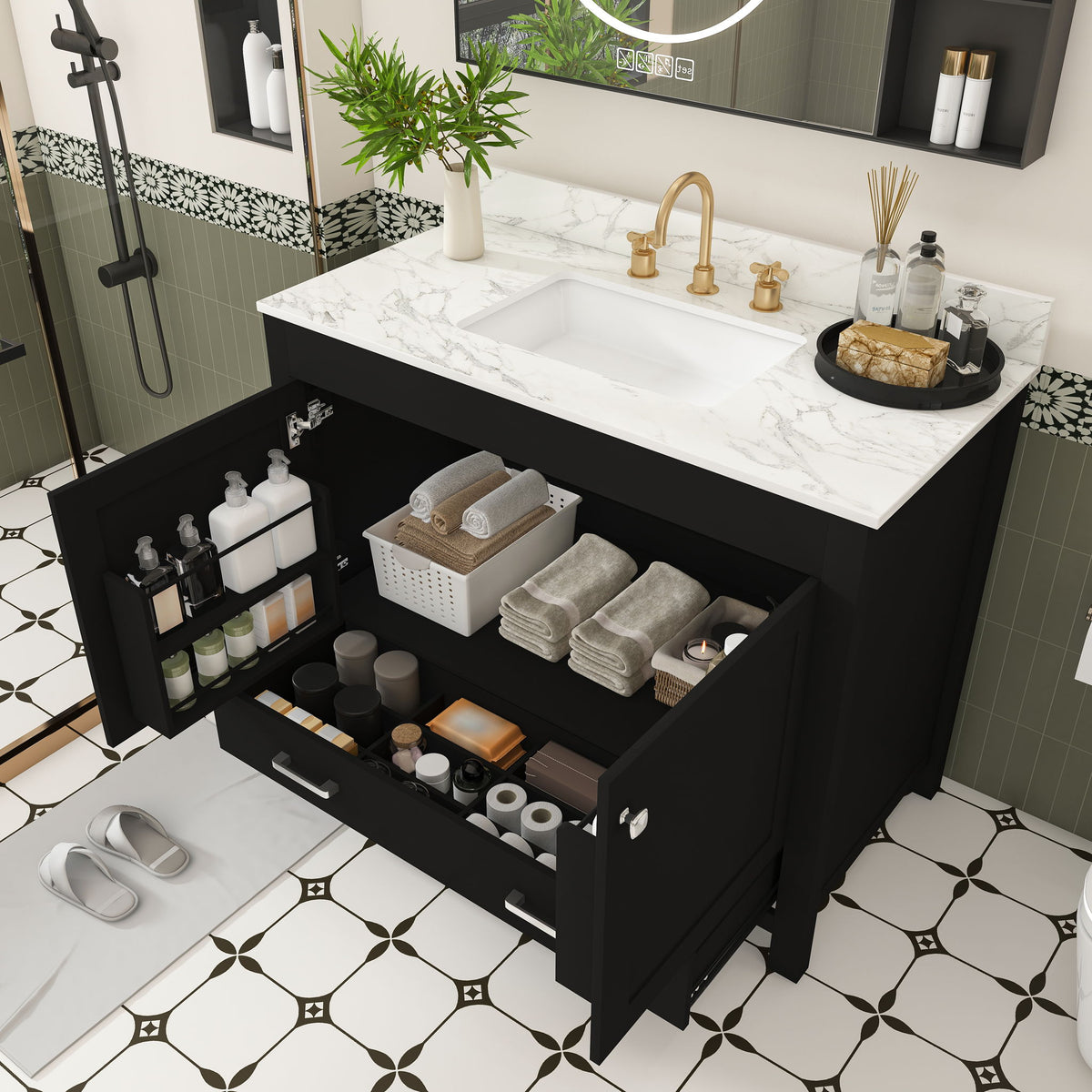 Bathroom Vanity Set, Sink And Faucet Holes Included - Black