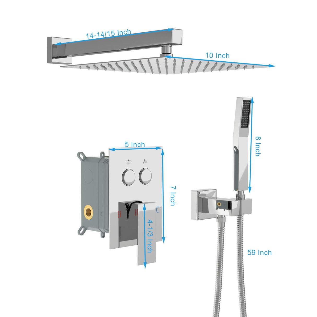 Dual Shower Head System With Square Rain Shower And Rough In Valve
