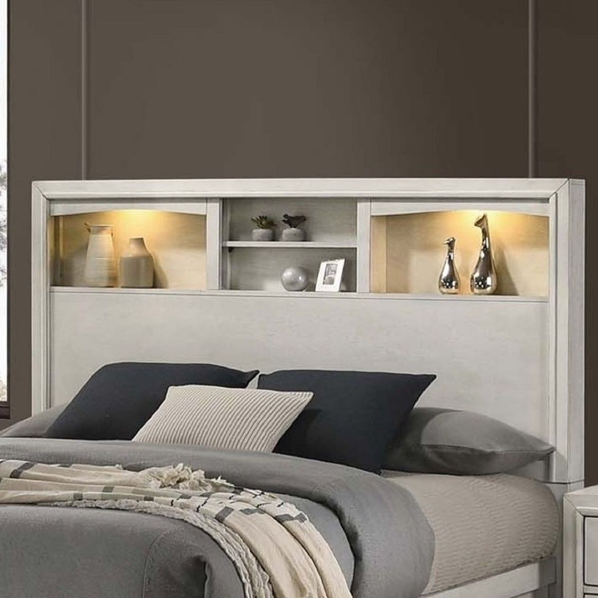 Bed Set With Storage Drawers, Open Shelves, And Built In LED Lighting