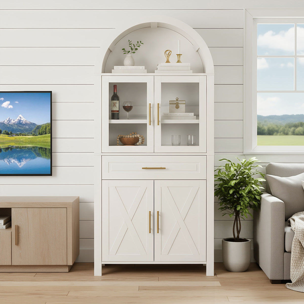 Arched Kitchen Pantry Cabinet With Adjustable Shelves & Barn Door Design