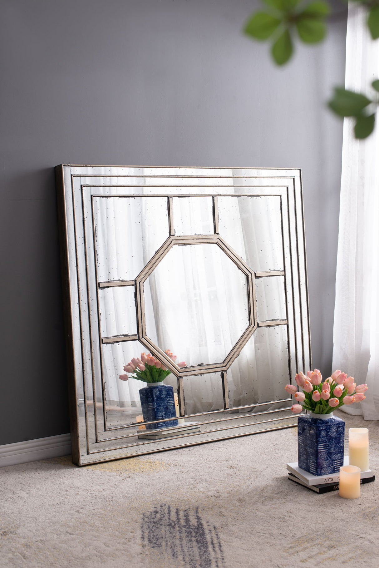 Antique Style Decorative Square Wall Mirror With Mirrored Frame, Wall Decor For Living Room Entryway, Console Lean Against Wall - Silver - Wall Mirrors - Alpine Outlets