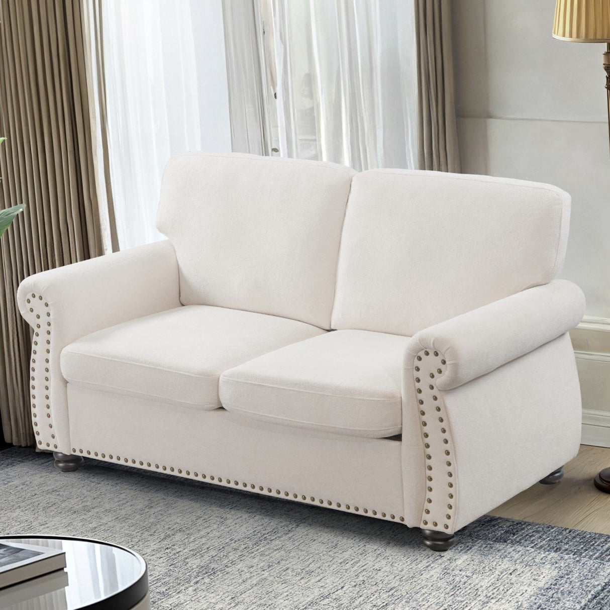 Soft Loveseat, Upholstered 2 Seater Couch, Loose Back Cushions And Turned Legs