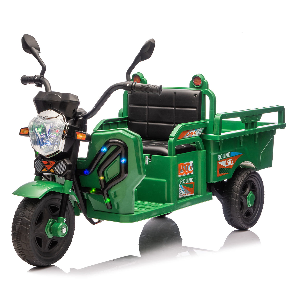 12V Kids Electric 3 Wheel Cargo Truck, 2Wd, Anti Slip Wheels, Large Storage, Extra Wide Seat With LED Lights & Music - Green
