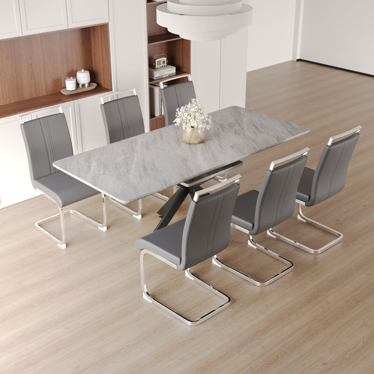 Modern Extendable Dining Table Set With Soft Padded Armless Chairs