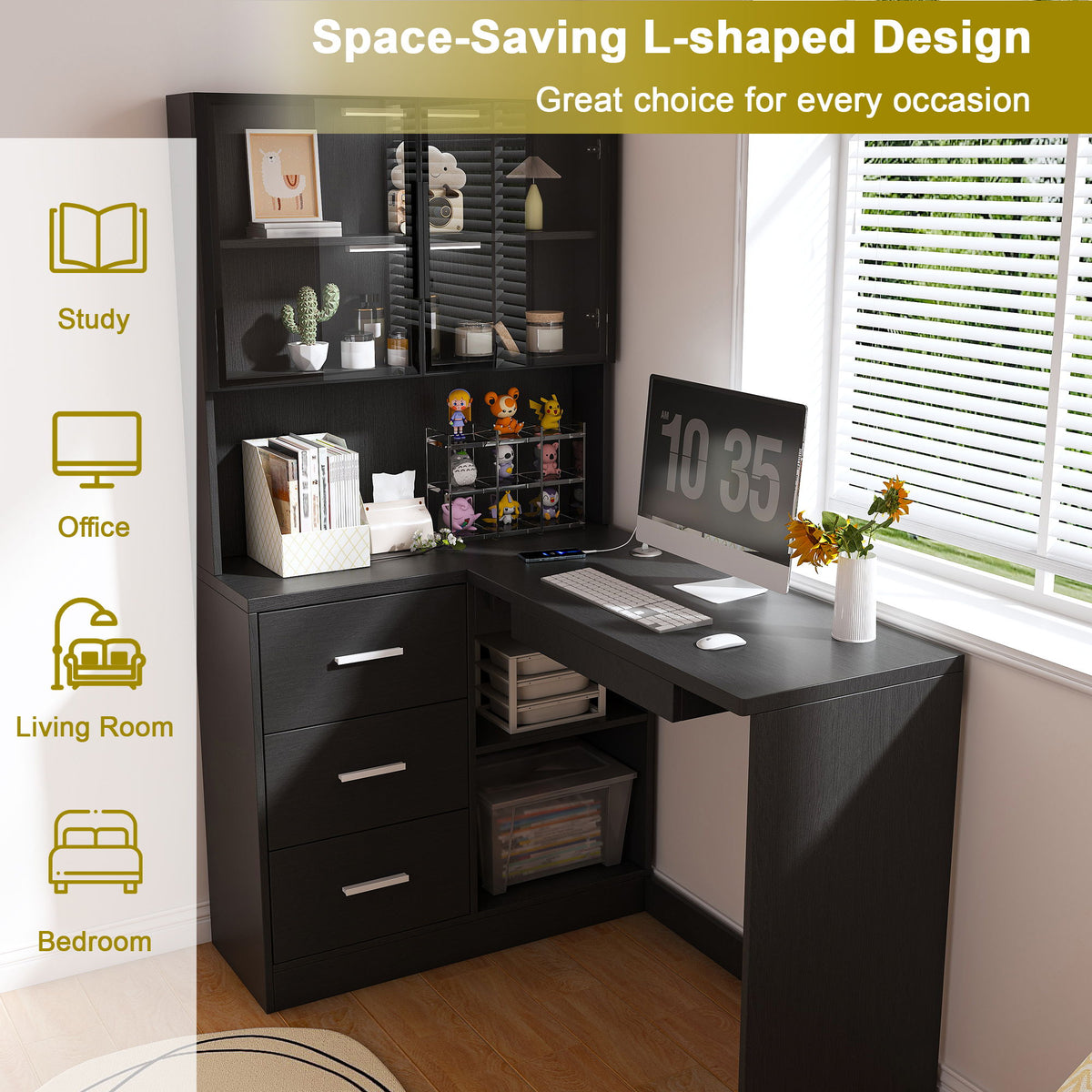 L-Shaped Computer Desk With Glass Cabinets, Built In LED Lights, USB Charging Ports