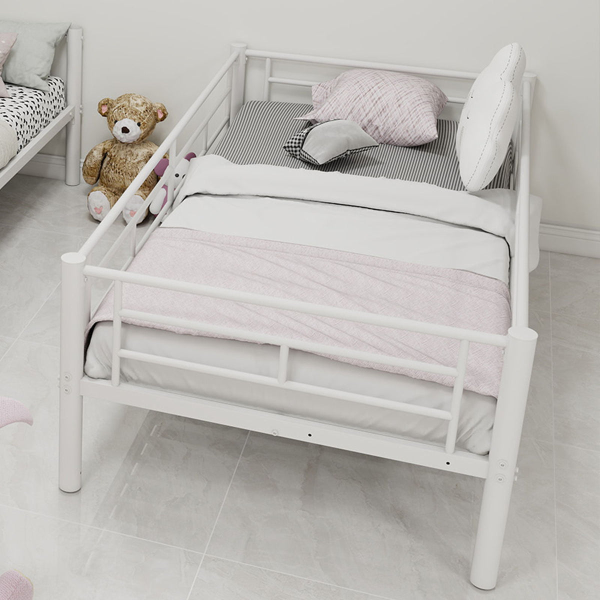 Metal Bunk Bed For Kids, Convertible Bedframe With Ladders & Guardrail