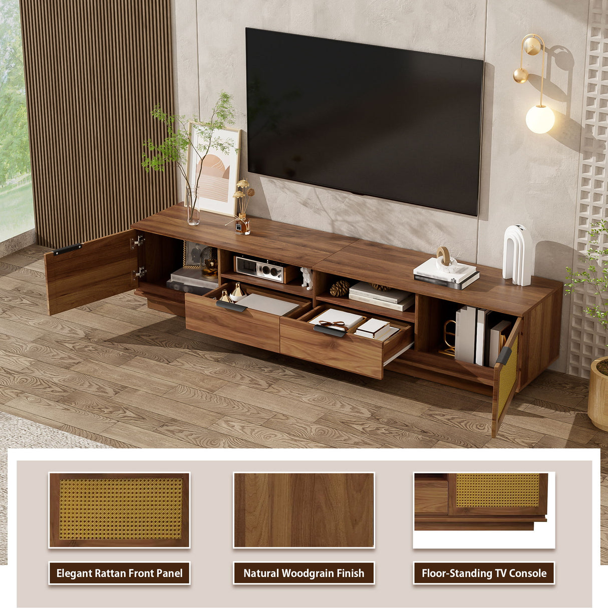 TV Stand With 2 Drawers And Open Shelving - Walnut