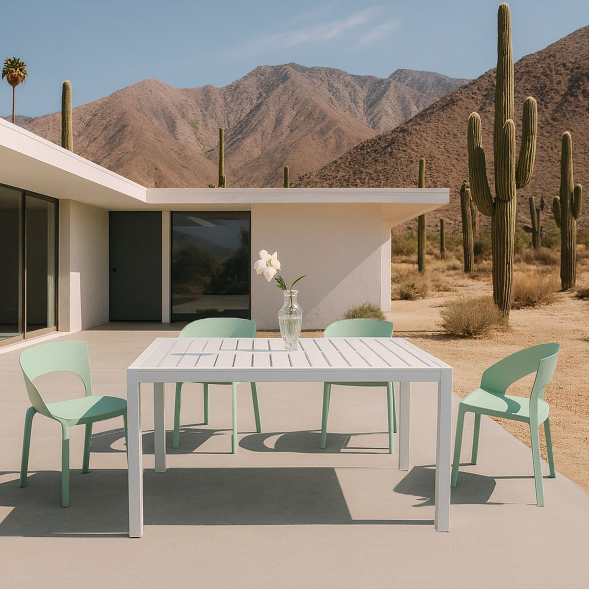 4 Piece Set Of Color Block Designed Single Chairs With Long Table - Haze Green / White