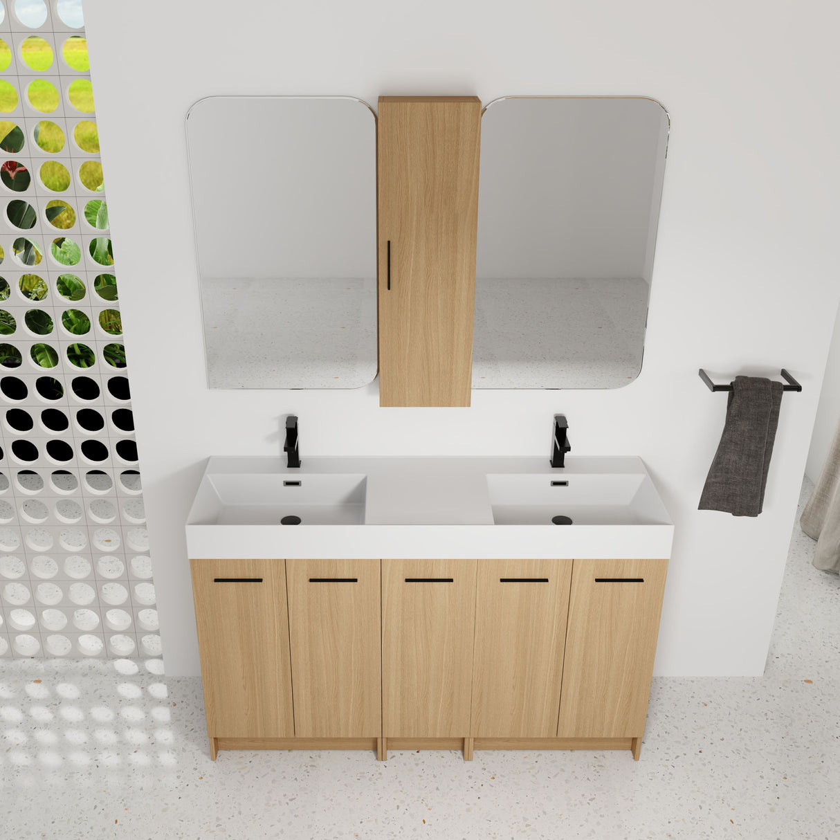 Double Sink Bathroom Vanity Set With Tall Linen Cabinet, Extra Large Storage, Integrated Sink, Freestanding Cabinet - Light Oak / White
