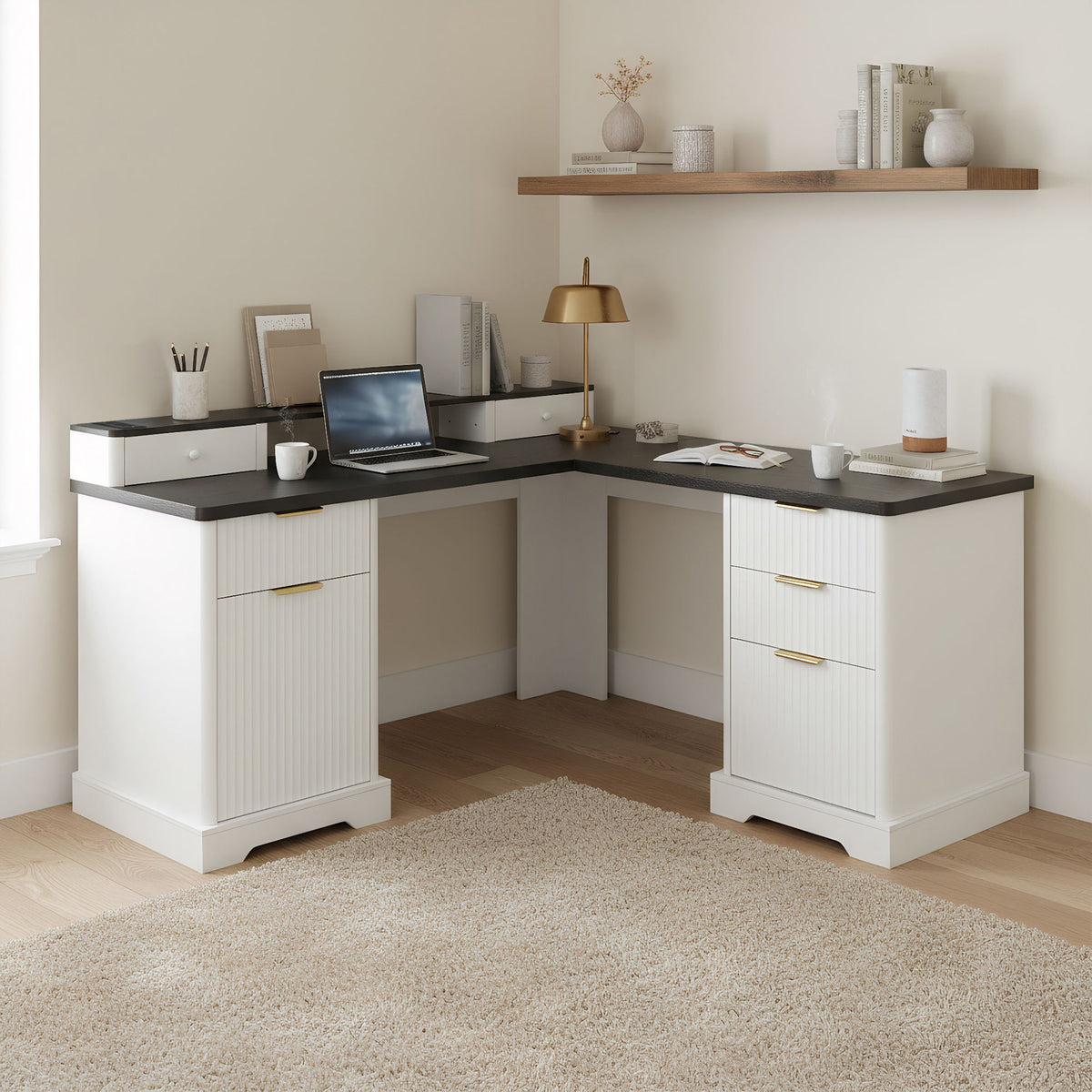 L-Shaped Desk With Charging Station & Storage Cabinet, Home Office Desk With Monitor Stand, File Drawer, Adjustable Shelf - White