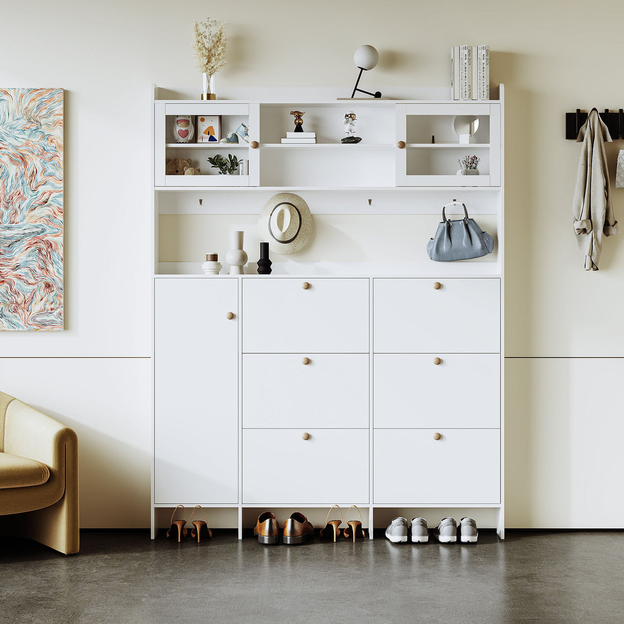 On Trend Multifunctional Tipping Bucket Shoe Cabinet With Storage Shelf & 6 Flip Drawers