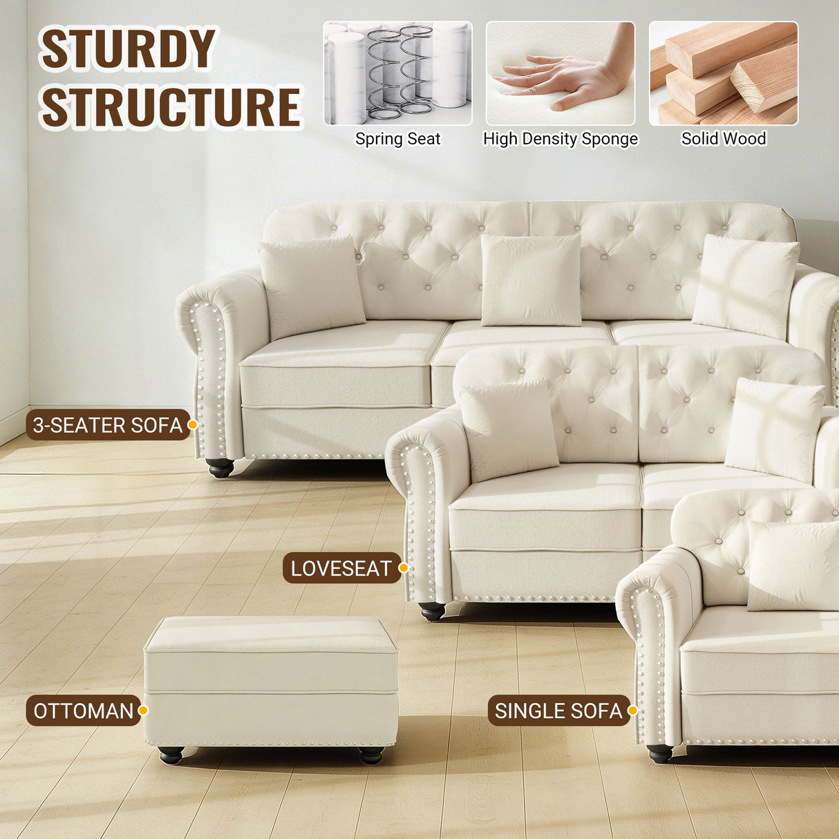 Upholstered Sofa With Nailhead Trim And Rolled Armrests