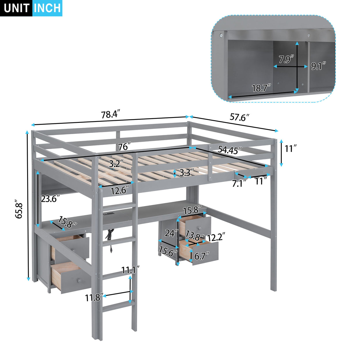 Loft Bed With Desk, Cabinets, Drawers, Charging Station And Bedside Tray