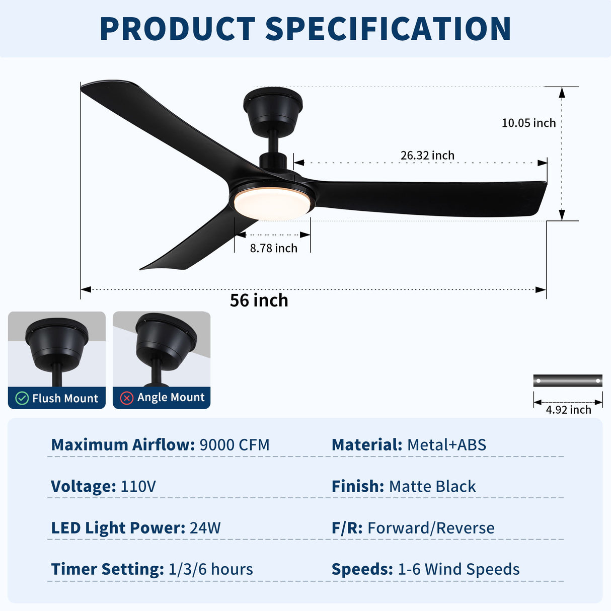 All Weather Outdoor Waterproof Ceiling Fan With Light And Quiet Motor For Patio Porch - Black