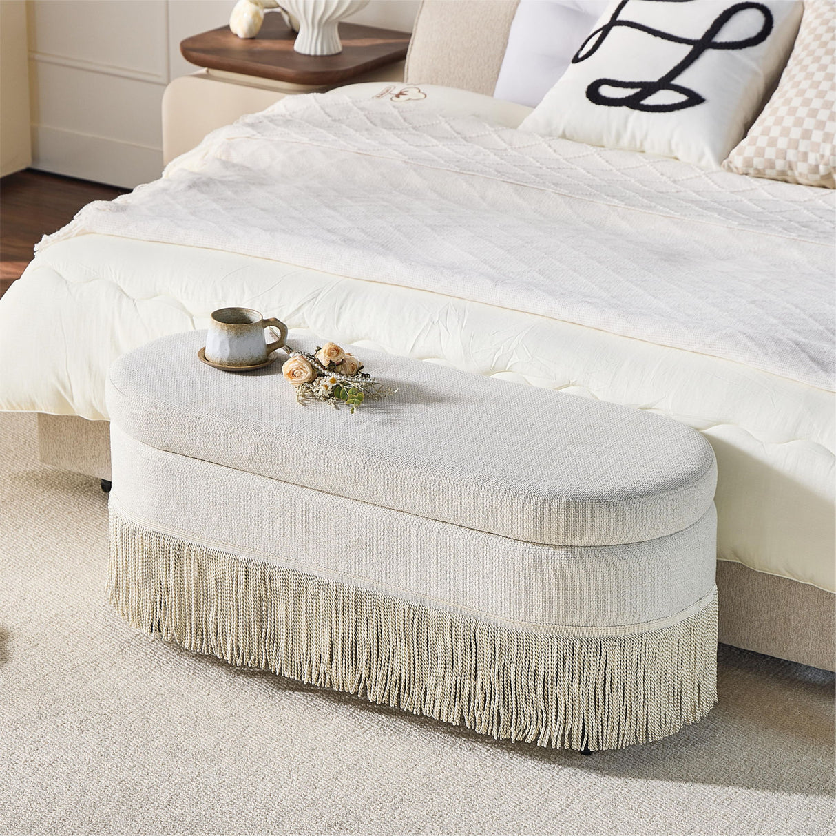 Oval Upholstered Storage Ottoman With Fringe Trim & Lift Top Lid