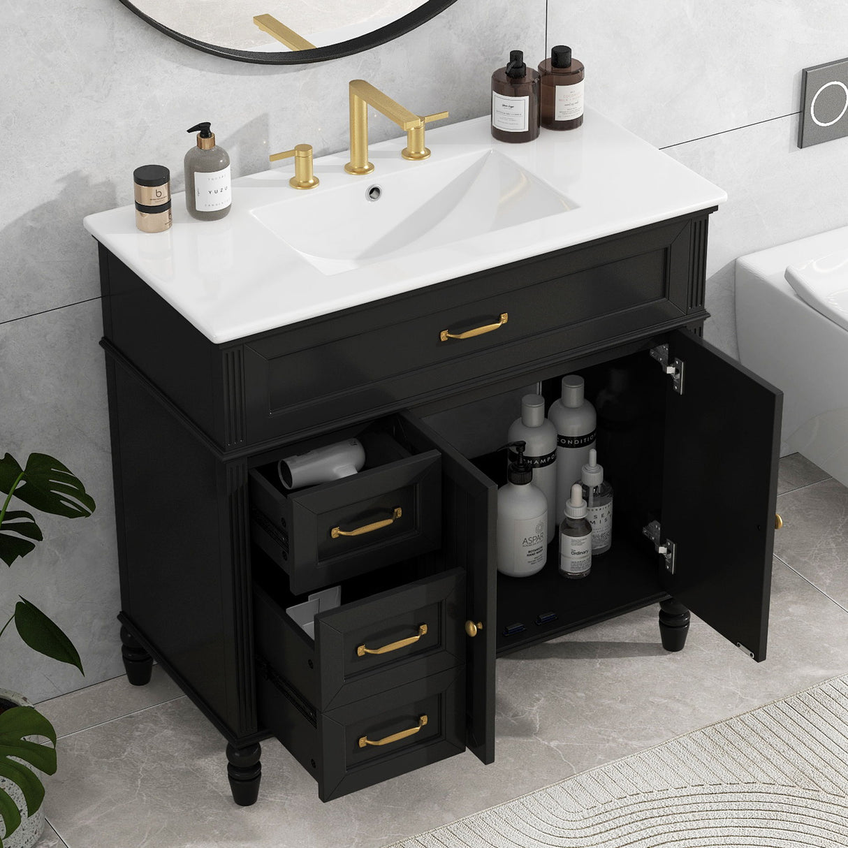 36" Bathroom Vanity With Sink, Freestanding Cabinet With Drawers, 2 Package - Black