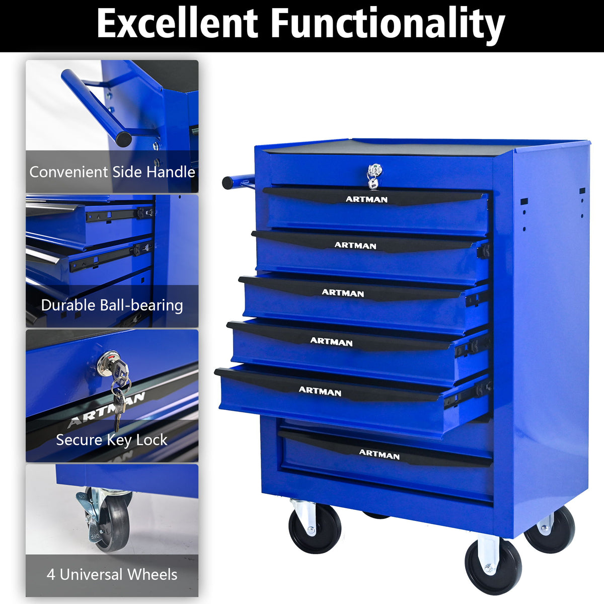 Rolling Metal Tool Chest With Drawers, Steel Storage Cabinet With Ball Bearing Slides