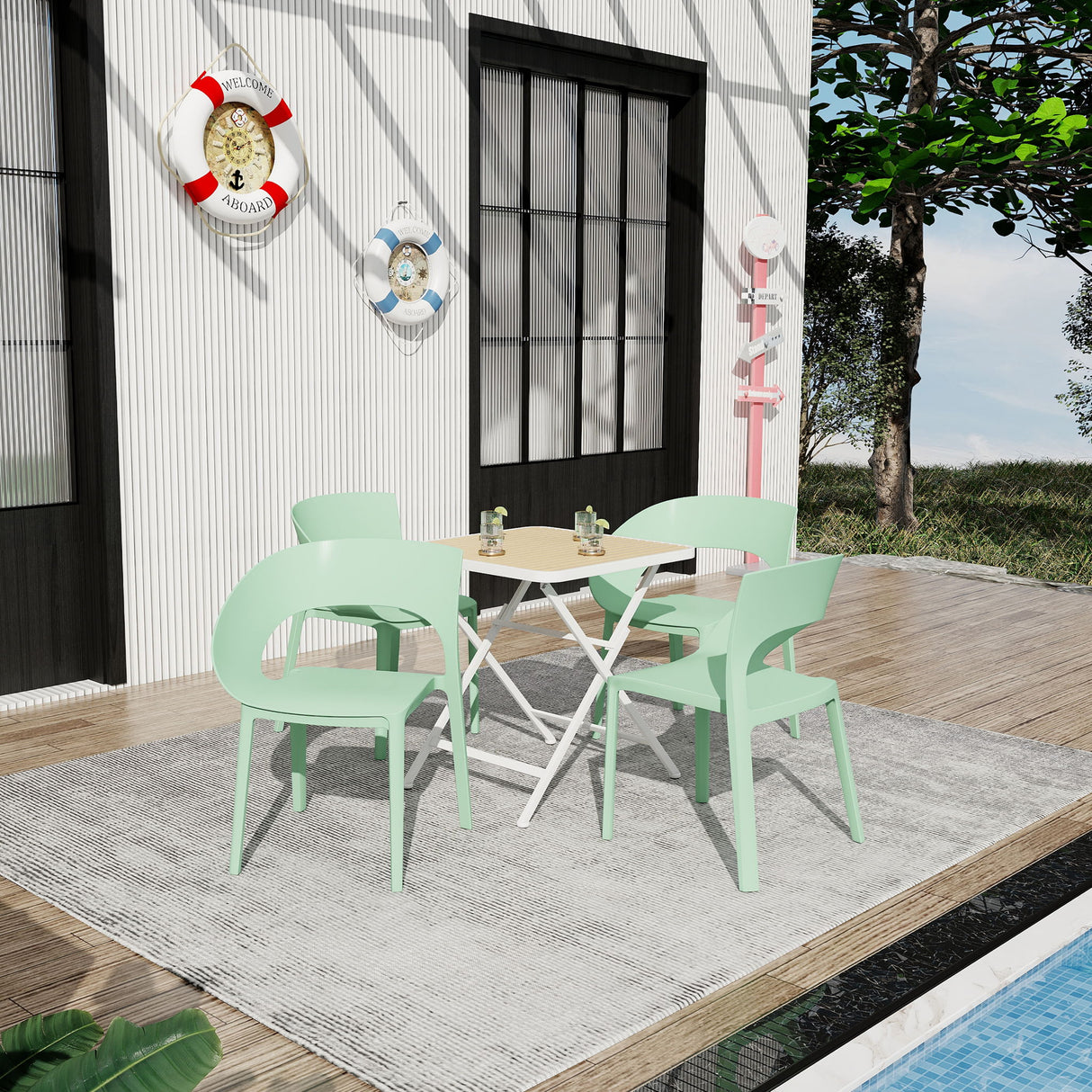4 Piece Set Of Color Block Designed Single Chairs & Folding Square Table - Haze Green / Khaki / White