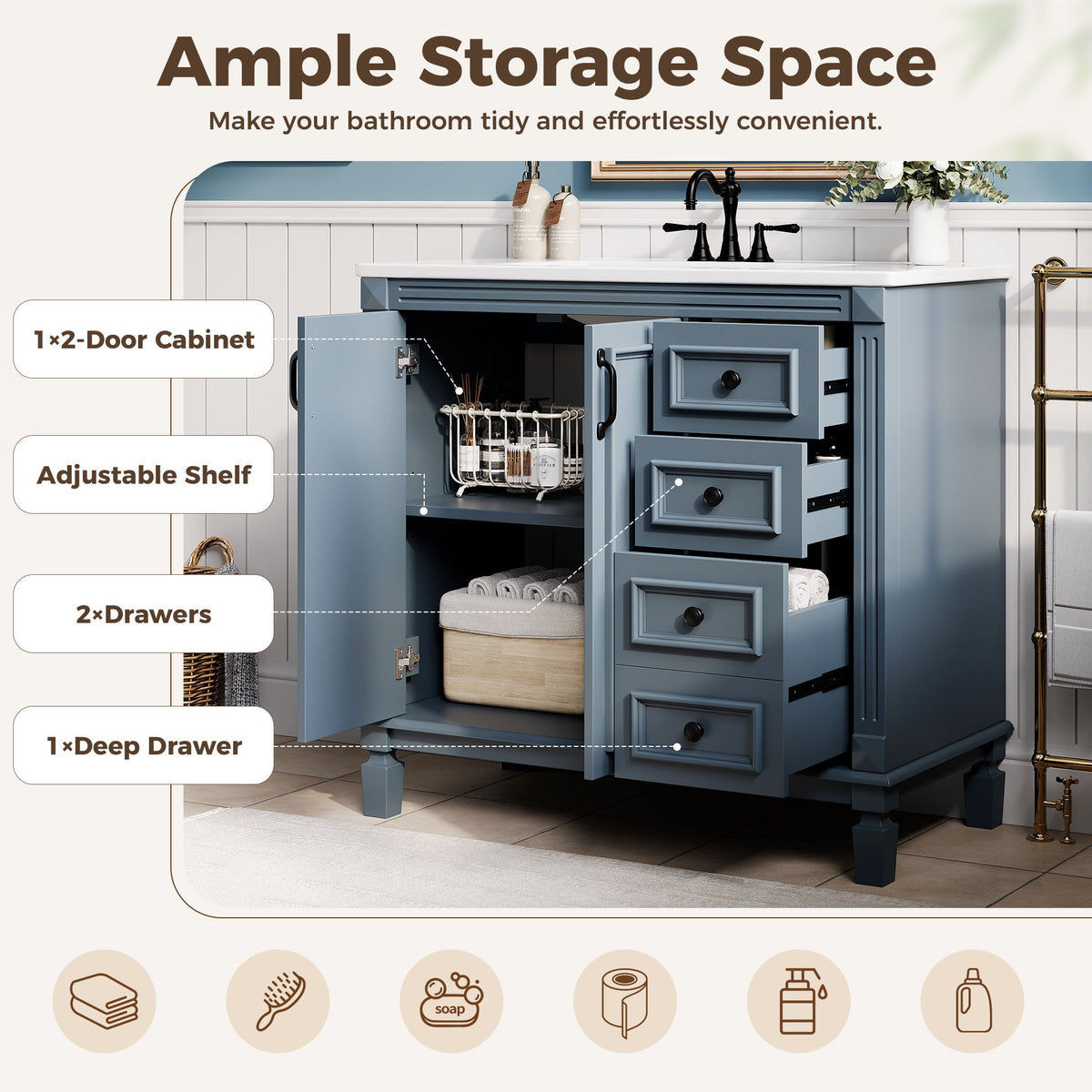 Bathroom Vanity With Sink And Storage, 2 Drawers, 1 Deep Drawer, Adjustable Shelf - Blue