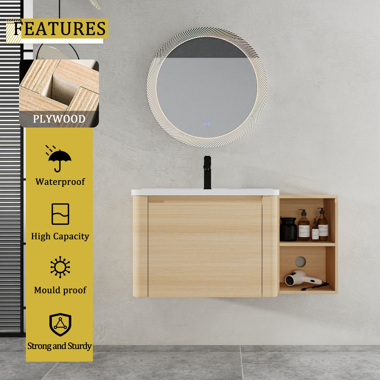 Wall Mounted Bathroom Vanity & Sink, Storage Shelves & Soft Close Door