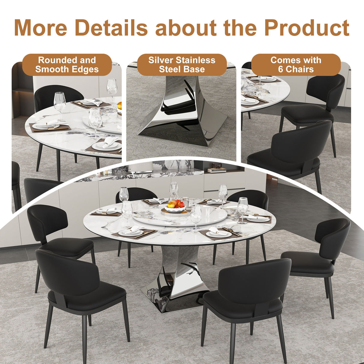 Round Dining Table & 6 Chairs Set - Silver