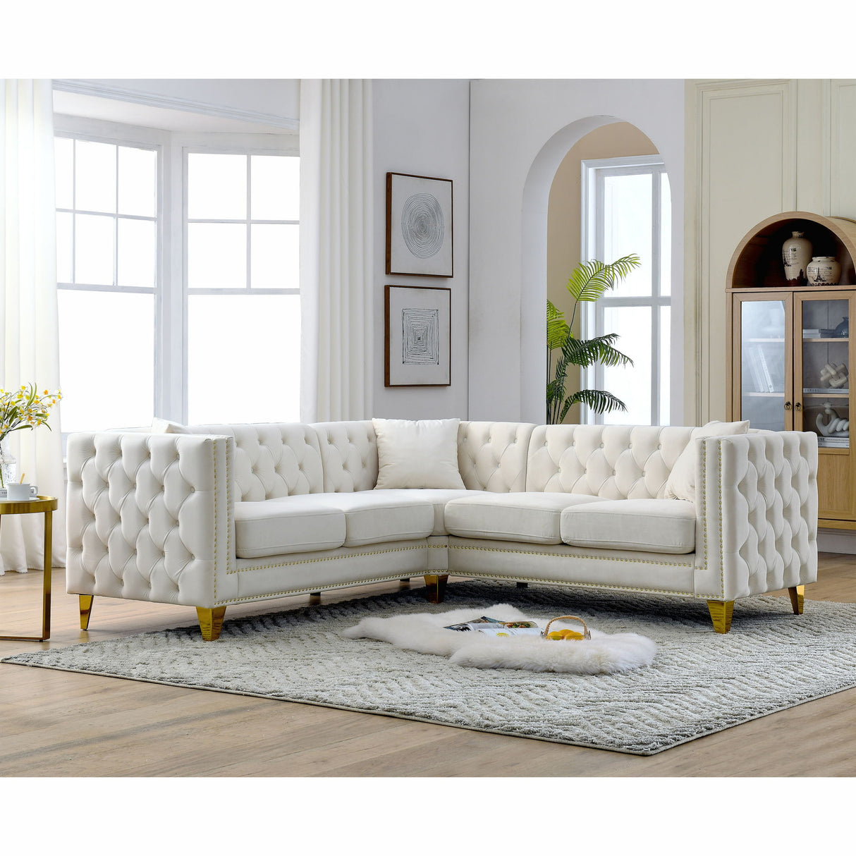 L-Shaped Corner Sofa, 5 Seater Sectional With Tufted Design