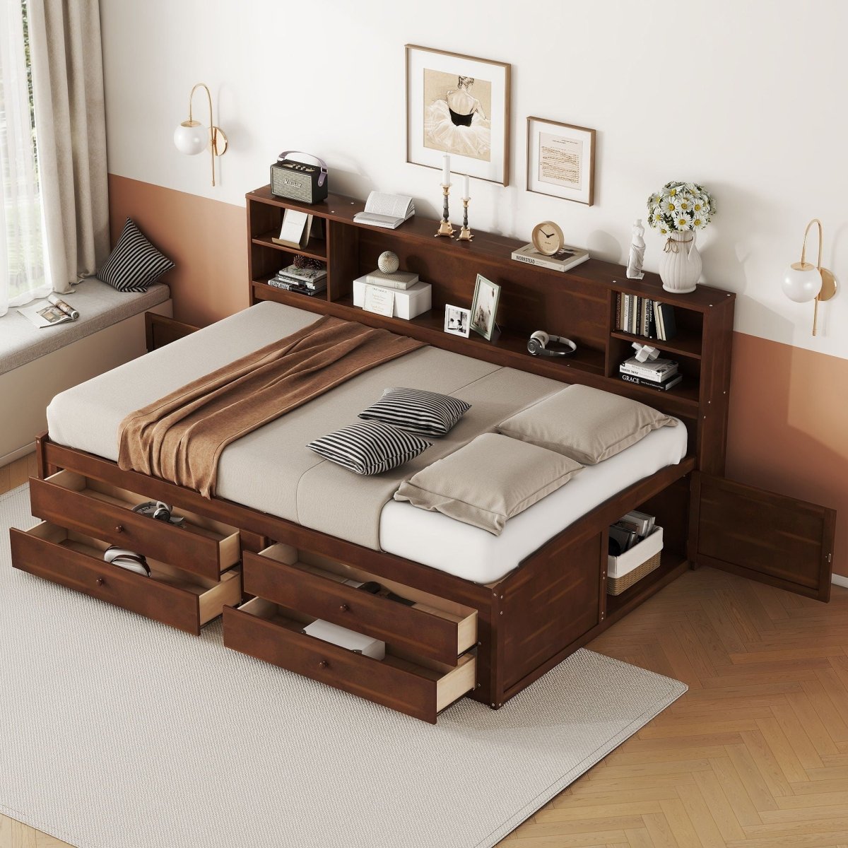 Full Size Captain Bed With Built In Storage Shelves, 4 Drawers And 2 Cabinets - Antique Brown - Storage Beds available at Alpine Outlets in Denver