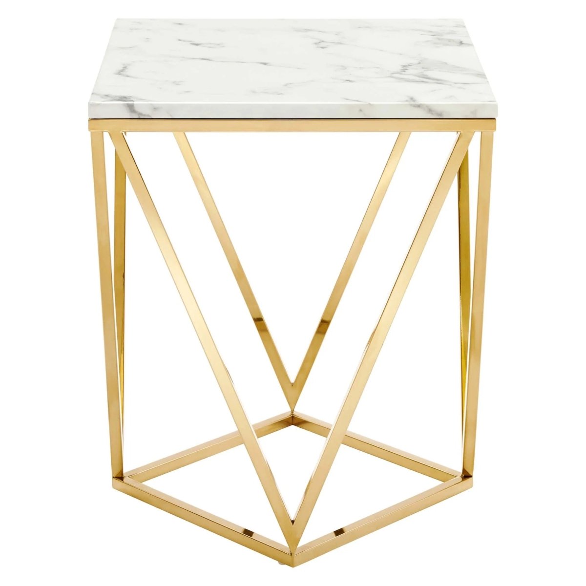 Geometric Gold Metal Side Table with Marble Top – 18 Inch - End & Side Tables available at Alpine Outlets in Denver