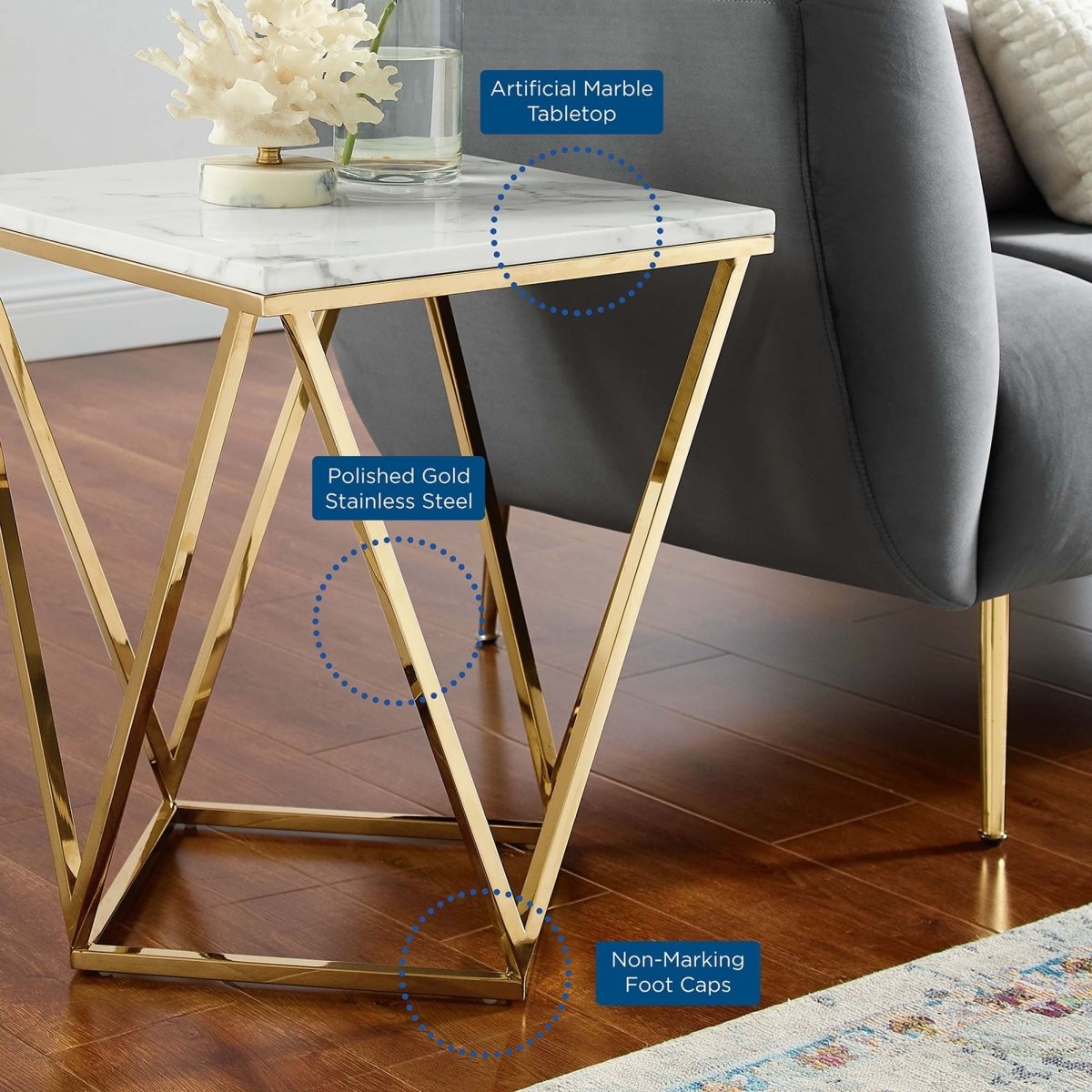 Geometric Gold Metal Side Table with Marble Top – 18 Inch - End & Side Tables available at Alpine Outlets in Denver