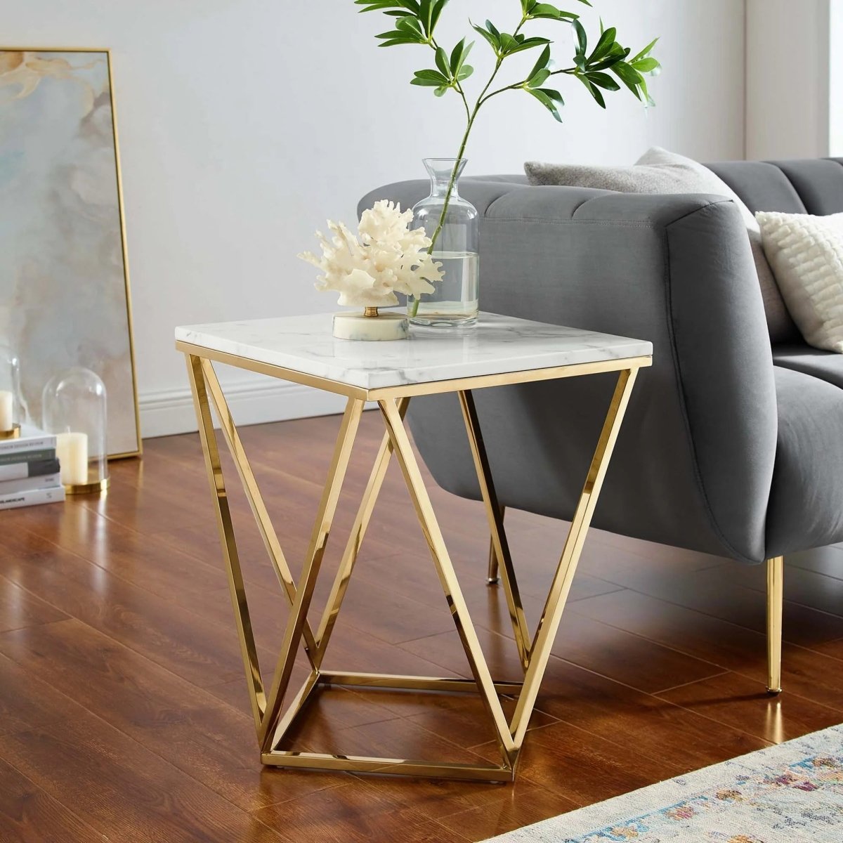 Geometric Gold Metal Side Table with Marble Top – 18 Inch - End & Side Tables available at Alpine Outlets in Denver