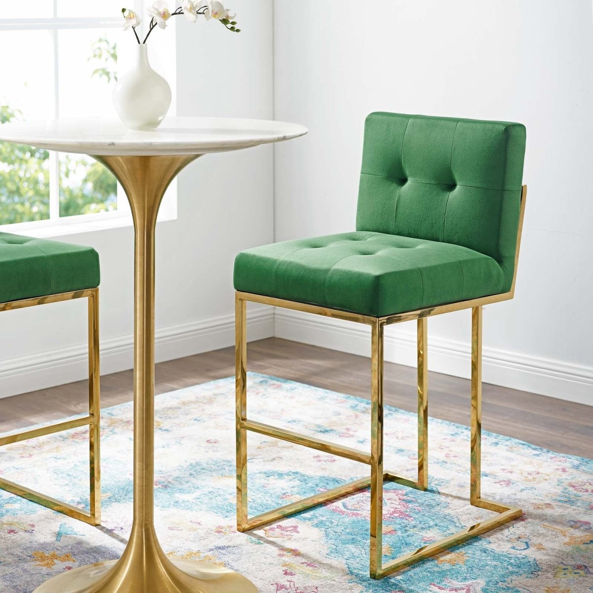 Glam Deco Performance Velvet Bar Stool – Gold Stainless Steel 42 Inch - Stools available at Alpine Outlets in Denver