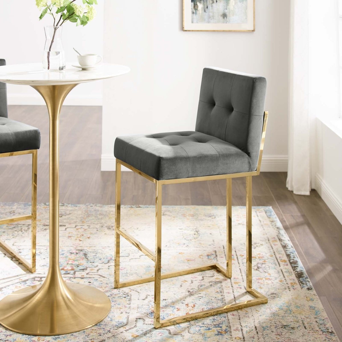 Glam Deco Performance Velvet Bar Stool – Gold Stainless Steel 42 Inch - Stools available at Alpine Outlets in Denver