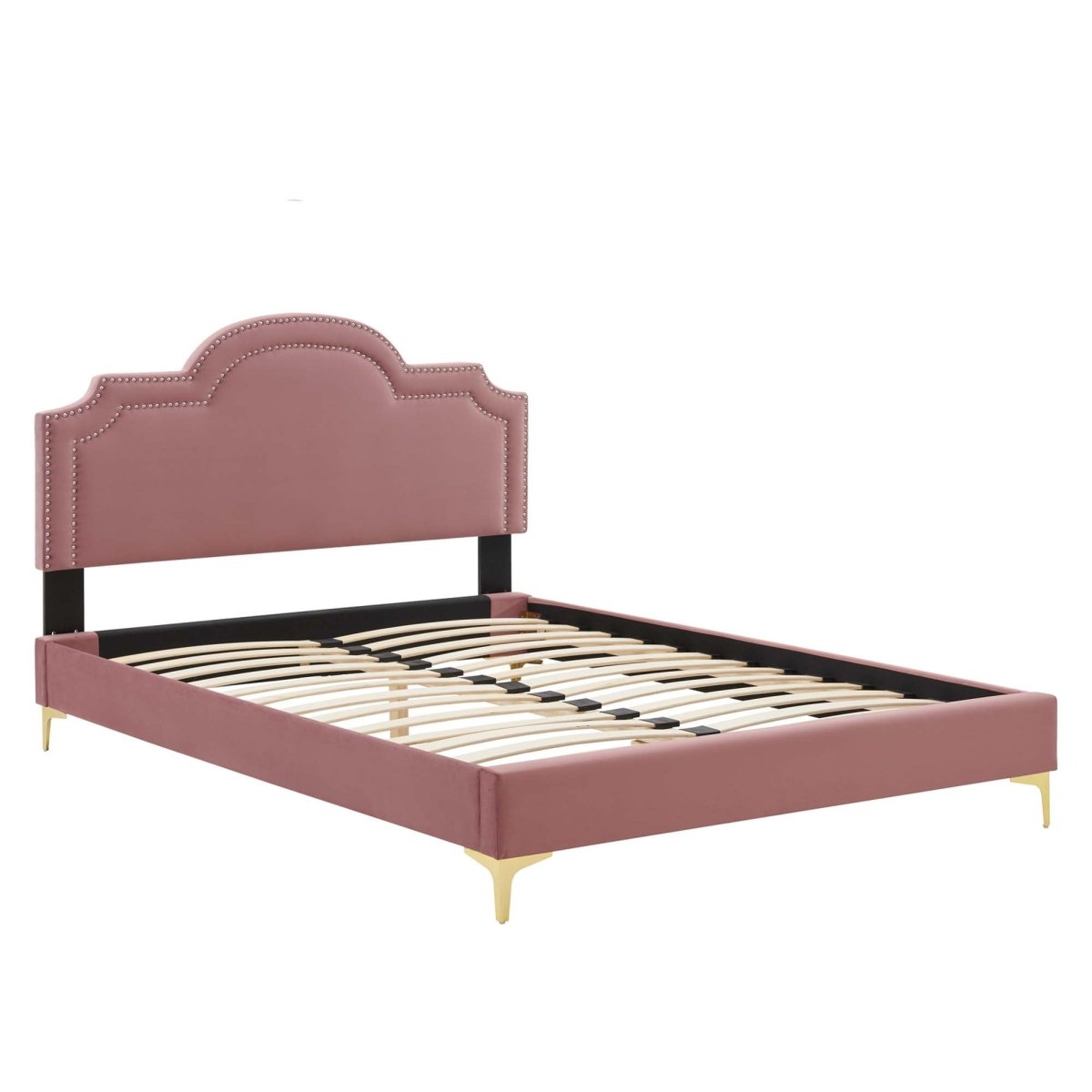 Glam Deco Performance Velvet King Platform Bed with Scalloped Headboard in Dusty Rose - Platform Bed available at Alpine Outlets in Denver