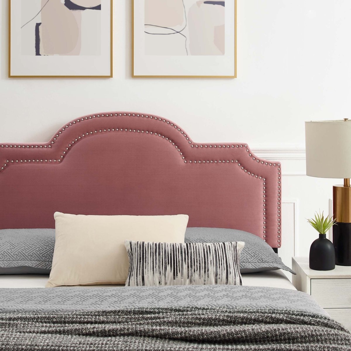 Glam Deco Performance Velvet King Platform Bed with Scalloped Headboard in Dusty Rose - Platform Bed available at Alpine Outlets in Denver