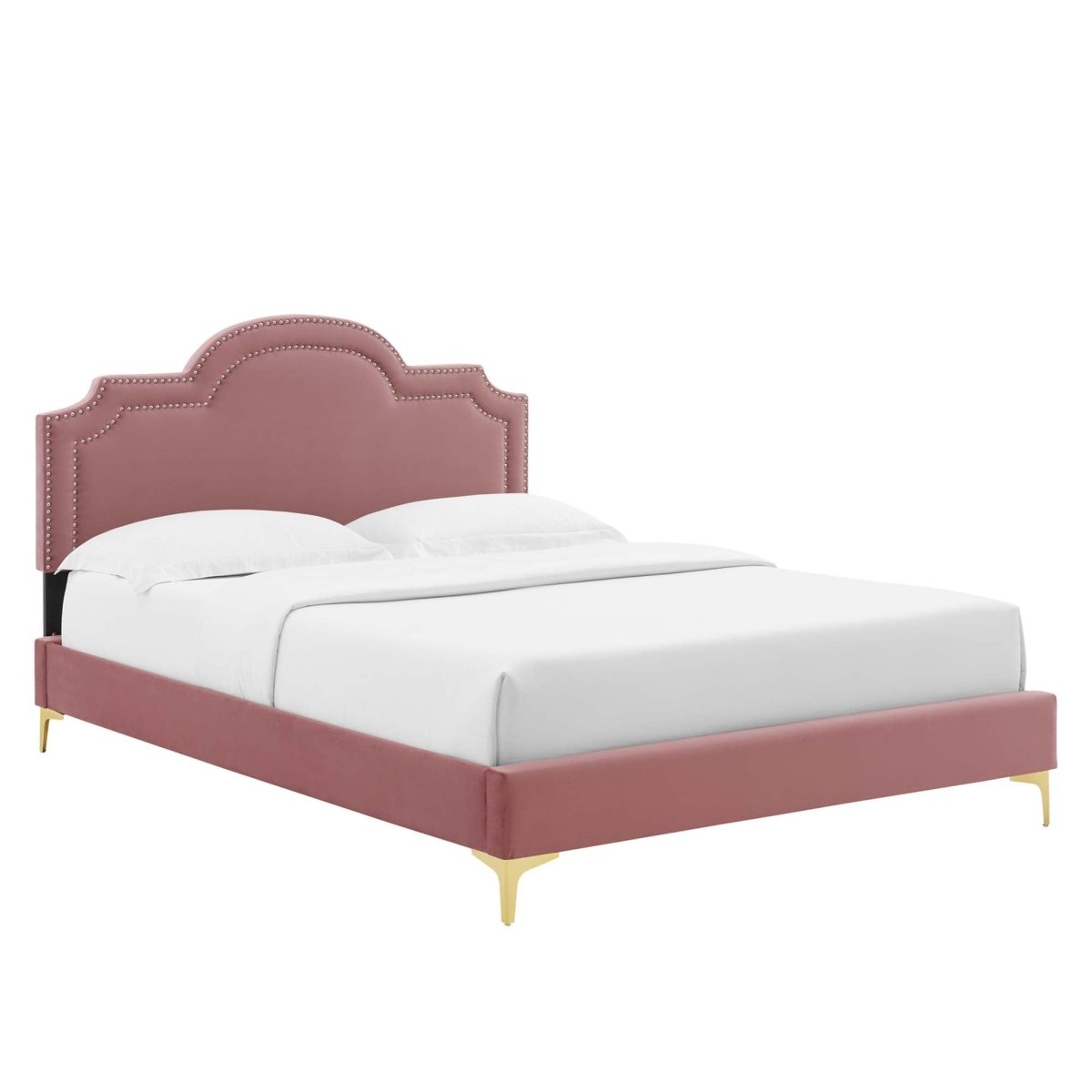 Glam Deco Performance Velvet King Platform Bed with Scalloped Headboard in Dusty Rose - Platform Bed available at Alpine Outlets in Denver