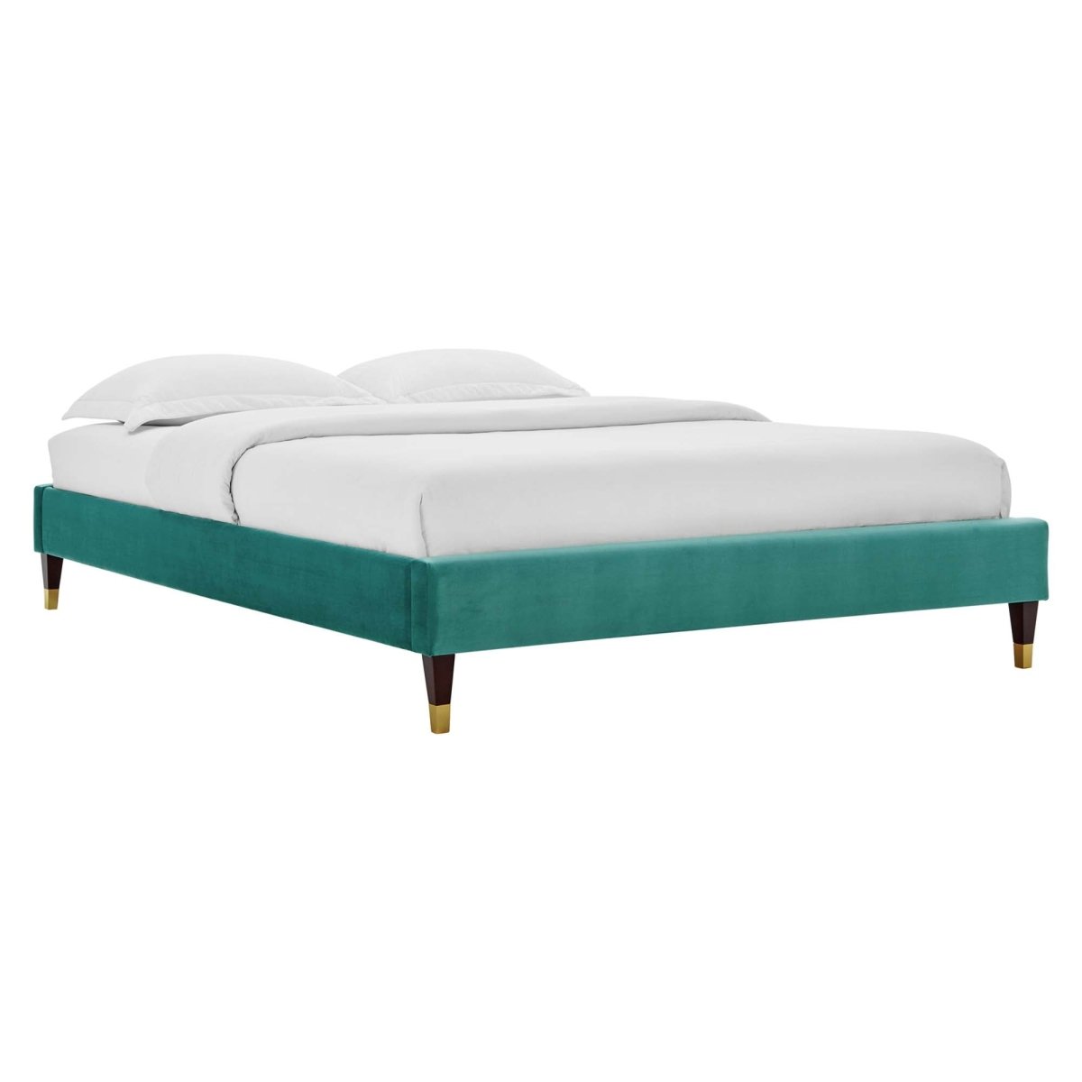 Glam Deco Performance Velvet Platform Bed Frame with Gold Detailed Wood Legs - Platform Bed available at Alpine Outlets in Denver