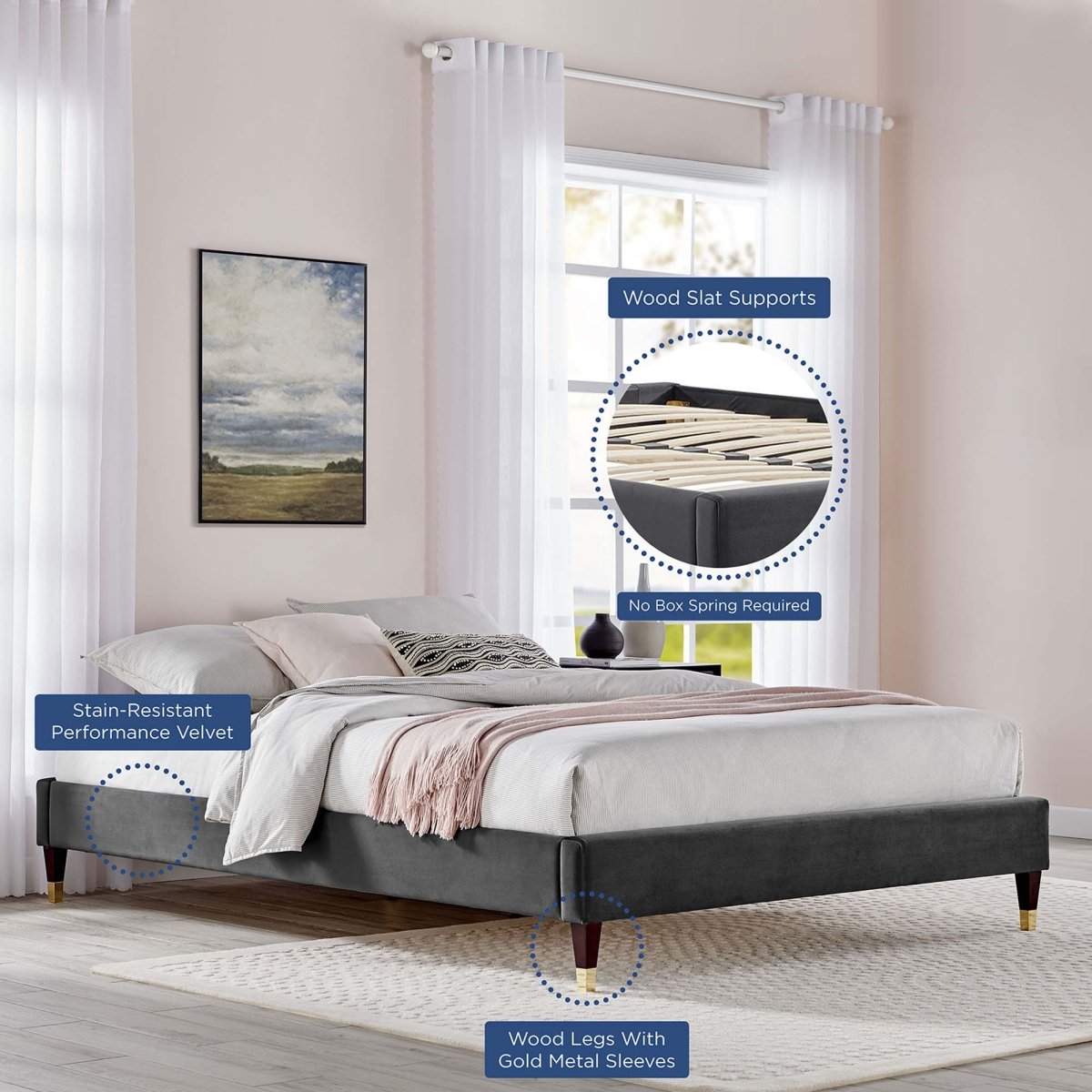 Glam Deco Performance Velvet Platform Bed Frame with Gold Detailed Wood Legs - Platform Bed available at Alpine Outlets in Denver